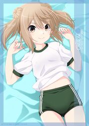  blush brown_eyes brown_hair buruma character_name commentary_request double_bun female green_buruma gym_shirt gym_uniform hair_bun highres inaba_shiki kantai_collection light_brown_hair lying michishio_(kancolle) on_bed shirt short_hair short_twintails smile solo t-shirt track_uniform twintails white_shirt 