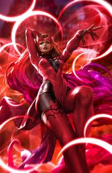  black_bodysuit bodysuit boots brown_eyes brown_hair dcwj dress female highres long_hair looking_at_viewer magic marvel pelvic_curtain red_dress red_footwear red_lips scarlet_witch solo thigh_boots wanda_maximoff 