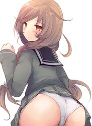  absurdres ass ass_focus black_sailor_collar blush braid cloud_hair_ornament cowboy_shot female from_behind good_ass_day grey_jacket grey_skirt highres hirune_(konekonelkk) jacket kantai_collection light_brown_hair long_hair long_sleeves looking_at_viewer looking_back low_twin_braids minegumo_(kancolle) panties plaid red_eyes ribbon sailor_collar sailor_shirt school_uniform serafuku shirt skirt solo twin_braids underwear white_background white_panties winter_uniform 