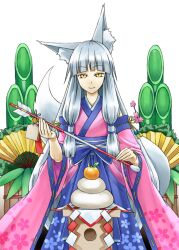  animal_ear_fluff animal_ears arrow_(projectile) bell blunt_bangs commentary_request cowboy_shot detached_sleeves ear_down ema female floral_print folding_fan food fox_ears fox_tail fruit grey_hair hakama hakama_skirt hamaya hand_fan highres holding holding_arrow japanese_clothes jingle_bell kadomatsu kagami_mochi kazuki_seihou kimono long_hair looking_at_viewer mandarin_orange mochi original ouka_(kazuki_seihou) pink_kimono shide sidelocks simple_background skirt smile solo tail very_long_hair white_background wide_sleeves yellow_eyes 