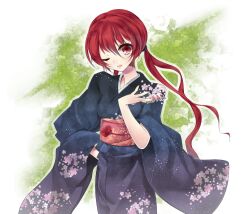  bad_id bad_pixiv_id cherry_blossoms female floral_print flower furisode hoshineko_(kiraneko) japanese_clothes kimono musujime_awaki new_year obi omikuji one_eye_closed open_mouth red_eyes red_hair sash solo toaru_majutsu_no_index twintails 