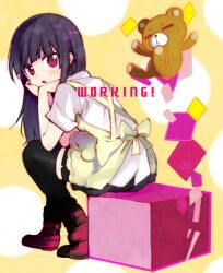  am_(going_nowhere) apron bad_id bad_pixiv_id black_hair box daisy_(working!!) female long_hair on_box purple_eyes sitting sitting_on_box stuffed_animal stuffed_toy teddy_bear thighhighs waitress working!! yamada_aoi 