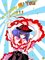  2012 alphes_(style) arm_up blue_hair commentary_request female hand_on_own_hip hat hat_ribbon index_finger_raised kaoru_(gensou_yuugen-an) nagae_iku new_year outstretched_arm parody pointing pointing_up red_eyes ribbon saturday_night_fever shawl solo style_parody sunburst sunburst_background touhou 