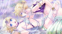  blonde_hair blue_eyes bracelet breasts cleavage commentary_request female hair_ornament incest jewelry kagamine_len kagamine_rin leg_hold looking_at_viewer medium_breasts mouth_hold piercing short_hair sideboob stomach straight tongue tongue_out tongue_piercing veil vocaloid zashiki_usagi 