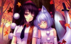  2girls animal_ears autumn brown_eyes brown_hair hat inubashiri_momiji katana leaves sayori shameimaru_aya short_hair sleeping sword tie touhou weapon white_hair wink wolfgirl 