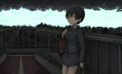  black_eyes black_hair bridge cityscape cloud dark dark_clouds female lowres original pedestrian_bridge railing school_uniform short_hair solo yajirushi_(chanoma) 