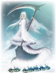  2012 absurdres bad_id bad_pixiv_id dark_souls_(series) dark_souls_i dragon_girl female fur green_eyes happy_new_year highres long_hair new_year photoshop_(medium) priscilla_the_crossbreed scythe solo sumi_no_hito tail weapon white_hair 