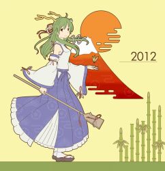  2012 bamboo blush breasts commentary_request detached_sleeves dragon egasumi female frog green_eyes green_hair hair_ornament hair_tubes horns kawashina_(momen_silicon) kochiya_sanae long_hair long_skirt medium_breasts mount_fuji mountain red_sun skirt smile snake solo sun touhou 