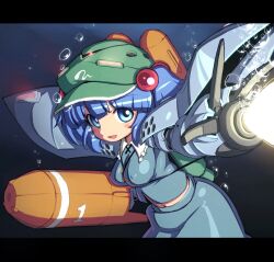  air_bubble between_breasts blue_eyes blue_hair blush_stickers breasts bubble commentary_request covered_nipples energy_beam female gundam gundam_0080 hair_bobbles hair_ornament hat hygogg kawashiro_nitori key letterboxed mecha_musume medium_breasts navel open_mouth ruku_rx solo touhou two_side_up underwater 