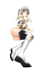  arm_support ass bad_link blush boots bracelet code:_empress_(elsword) elsword eve_(elsword) facepaint female grey_hair jewelry knee_boots lying mx2j solo white_background white_sleeves yellow_eyes 