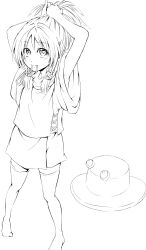  adjusting_hair armpit_peek armpits arms_up bad_id bad_pixiv_id female greyscale hat highres line_art monochrome moriya_suwako nora_wanko smile solo thighhighs touhou tying_hair unworn_hat unworn_headwear 