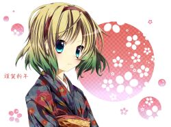  alice_margatroid alternate_costume alternate_hair_color bad_id bad_pixiv_id blonde_hair blue_eyes chrysanthemum colored_tips female floral_print floral_print_sash flower furisode gradient_hair green_hair hairband hikobae japanese_clothes kikumon kimono multicolored_hair new_year obi peony_(flower) sash short_hair solo touhou upper_body 