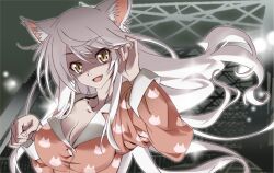  alternate_breast_size animal_ears animal_print bakemonogatari black_hanekawa breasts cat_ears cat_girl cat_print cleavage commentary_request female hanekawa_tsubasa long_hair medium_breasts monogatari_(series) nekomonogatari nyoro_(nyoronyoro000) oerba_yun_fang pajamas photoshop_(medium) slit_pupils solo spoilers white_hair yellow_eyes 