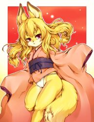  animal_ears borrowed_character commentary_request female fox_ears fox_girl fox_tail fundoshi furry furry_female japanese_clothes joka_(hiwai) kimono koko_(kishibe) long_hair no_pants obi original oversized_clothes red_eyes sash sleeves_past_wrists solo tail 