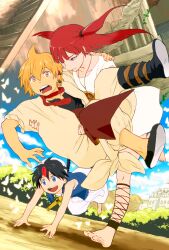  2boys aladdin_(magi) ali_baba_saluja ankle_lace-up bad_id bad_pixiv_id barefoot blonde_hair blue_eyes blue_hair cross-laced_footwear feet female holding jumping long_hair magi_the_labyrinth_of_magic midriff morgiana multiple_boys one_side_up palace polearm red_eyes red_hair running sand short_hair tobita turban weapon yellow_eyes 