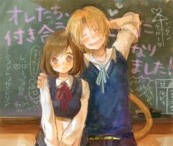  1boy 3: ai_ai_gasa arm_behind_head arm_up bad_id bad_pixiv_id belt blue_ribbon blush board_eraser bob_cut breasts brown_hair chalkboard classroom collared_shirt contemporary couple embarrassed facing_viewer female final_fantasy final_fantasy_ix garnet_til_alexandros_xvii hair_over_one_eye hand_on_another&#039;s_shoulder hand_up head_tilt heart hug indoors konako long_sleeves looking_at_viewer monkey_tail neck_ribbon red_ribbon ribbon school_uniform shirt short_hair side-by-side sleeves_rolled_up straight sweater_vest tail translation_request upper_body v_arms white_shirt zidane_tribal 