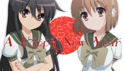  2girls black_hair brown_eyes brown_hair commentary_request crossed_arms long_hair misaki_high_school_uniform mokkei multiple_girls new_year school_uniform serafuku shakugan_no_shana shana short_hair yoshida_kazumi 