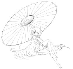  absurdres bad_id bad_pixiv_id female greyscale highres hinomoto_oniko horns ikameshi_(ika_meshi) line_art long_hair meme monochrome oil-paper_umbrella oni oni_horns original solo umbrella very_long_hair 