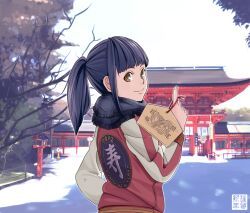  2012 black_hair brown_eyes chanpii commentary_request copyright_request ema female new_year ponytail scarf smile solo 