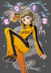  2012 bad_id bad_pixiv_id blonde_hair bodysuit bruce_lee&#039;s_jumpsuit chinese_zodiac dragon electricity female fighting_stance fujisawa_takashi green_eyes huang_baoling new_year orange_bodysuit shoes short_hair sneakers solo standing standing_on_one_leg tiger_&amp;_bunny year_of_the_dragon 