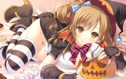  bow breasts brown_eyes brown_hair candy candy_cane chocolate chocolate_bar dated doughnut female fingerless_gloves food gloves haruhino_misaki hat highres hotchkiss jack-o&#039;-lantern large_breasts lollipop looking_at_viewer marshmallow official_art official_wallpaper photoshop_(medium) smile solo striped_clothes striped_thighhighs takei_ooki thighhighs translated witch_hat 