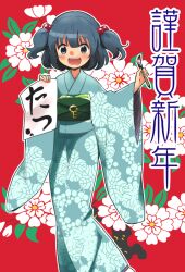  2012 aqua_kimono bad_id bad_pixiv_id blue_eyes blue_hair blush brush calligraphy_brush female hair_bobbles hair_ornament ica japanese_clothes kakizome kawashiro_nitori key kimono new_year obi paintbrush paper sash solo touhou two_side_up 