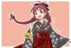  alternate_costume artist_request black_ribbon braid cherry_blossoms ema female floral_print hair_ribbon hakama hakama_skirt japanese_clothes kimono kyuubee long_hair long_sleeves madoka_runes mahou_shoujo_madoka_magica mahou_shoujo_madoka_magica_(anime) meiji_schoolgirl_uniform new_year oerba_yun_fang open_mouth pink_background red_eyes red_hair red_hakama ribbon sakura_kyoko simple_background skirt smile twin_braids wide_sleeves 