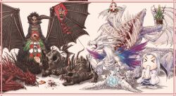  &gt;_&lt; 1boy annotated armor bamboo blood chosen_undead closed_eyes commentary crystal dark_souls_(series) dark_souls_i dragon dragon_girl eating everlasting_dragon female food full_armor fur gaping_dragon hagoita hellkite_dragon highres horns kadomatsu kagami_mochi kite knight long_hair mochi new_year paddle praise_the_sun priscilla_the_crossbreed scythe seath_the_scaleless solaire_of_astora sun_symbol tail tail_wagging tatsuya_(atelier_road) undead_dragon visor_(armor) wagashi weapon western_dragon white_hair wings 