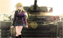  3d backlighting belt blonde_hair blue_eyes caterpillar_tracks commentary_request copyright_request cross female headphones iron_cross lens_flare long_hair medal military military_uniform military_vehicle motor_vehicle necktie panzer_iv photoshop_(medium) pleated_skirt skirt solo sousei_ou tank throat_microphone uniform world_war_ii 