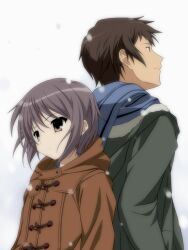  back-to-back banned_artist brown_eyes brown_hair expressionless female hood hoodie jacket kyon moritan nagato_yuki profile purple_hair scarf short_hair smile snow snowing suzumiya_haruhi_no_shoushitsu suzumiya_haruhi_no_yuuutsu upper_body 