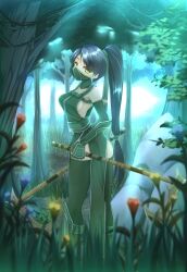  absurdres akali akali_(legacy) black_hair breasts commentary dappled_sunlight female forest grass green_theme highres kama_(weapon) league_of_legends mask medium_breasts nature ninja oldlim outdoors ponytail sickle sideboob solo sunlight thighhighs weapon 