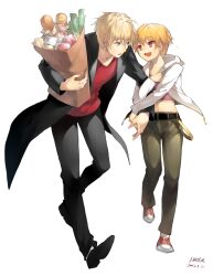  arm_grab arthur_pendragon_(fate) bag baguette blonde_hair bread casual child_gilgamesh coat fate/hollow_ataraxia fate/prototype fate_(series) food gilgamesh green_eyes groceries grocery_bag lolicon male_focus mayer midriff multiple_boys open_mouth paper_bag red_eyes shopping_bag sparkle spring_onion younger 