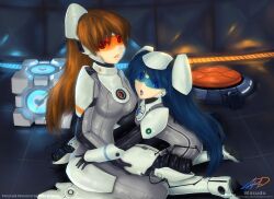  2girls aperture_science_handheld_portal_device aperture_science_weighted_companion_cube atlas_(portal) bad_id bad_pixiv_id blue_eyes blue_hair bodysuit breasts genderswap_(mtf) highres lipstick long_hair makeup medium_breasts multiple_girls open_mouth orange_eyes orange_hair p-body personification photoshop_(medium) ponytail portal_(series) portal_1 portal_2 rule_63 skin_tight twintails visor wasudo 