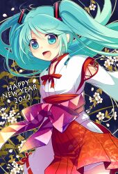  2012 :d aqua_eyes aqua_hair bad_id bad_pixiv_id detached_sleeves female hakama hakama_short_skirt hakama_skirt hatsune_miku japanese_clothes long_hair miko miyu_(matsunohara) open_mouth project_diva project_diva_(series) red_hakama skirt smile solo twintails vocaloid 