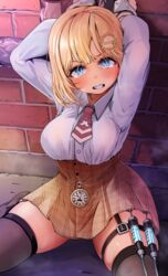  arms_up black_thighhighs blonde_hair blue_eyes blush bob_cut bound bound_wrists breasts clenched_teeth cuffs female hair_ornament handcuffs highres hololive hololive_english kajimakoto looking_at_viewer medium_hair pocket_watch sitting skirt solo syringe teeth thigh_strap thighhighs variant_set virtual_youtuber wariza watch watson_amelia watson_amelia_(1st_costume) zettai_ryouiki 