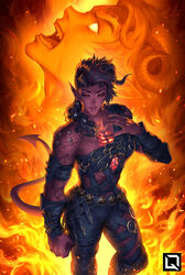  artist_logo asymmetrical_hair baldur&#039;s_gate baldur&#039;s_gate_3 black_hair broken_horn clenched_hand colored_skin commentary crying crying_with_eyes_open demon_girl demon_horns demon_tail dungeons_&amp;_dragons english_commentary female fingernails fire horns karlach kuroi-tsuki long_hair multicolored_hair muscular muscular_female pointy_ears red_hair red_skin sharp_fingernails sidecut solo studs tail tears teeth tiefling two-tone_hair undercut 