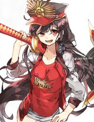  black_hair breasts buster_shirt chibirisu collarbone commentary_request contrapposto cowboy_shot fate/grand_order fate_(series) female hand_on_own_hip hat headphones headphones_around_neck highres jacket katana long_hair looking_at_viewer medium_breasts oda_nobunaga_(fate) oda_nobunaga_(swimsuit_berserker)_(fate) oda_uri over_shoulder red_eyes shirt smile solo sword sword_over_shoulder t-shirt thighs twitter_username very_long_hair weapon weapon_over_shoulder white_jacket 