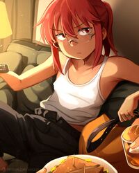  absurdres bare_arms bare_shoulders belt black_pants collarbone commentary couch female food frown glasses hair_between_eyes highres holding holding_belt khyle. kobayashi-san_chi_no_maidragon kobayashi_(maidragon) looking_at_viewer on_couch pants red_eyes red_hair sandwich short_hair sidelocks sitting solo tank_top unworn_belt white_tank_top 