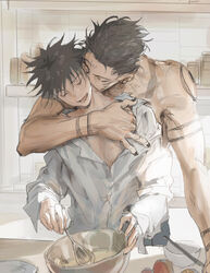  2boys absurdres arm_tattoo black_hair black_nails closed_eyes cooking couple facial_tattoo fushiguro_megumi hand_under_clothes hand_under_shirt height_difference hickey highres holding holding_whisk indoors jujutsu_kaisen kissing kissing_neck long_sleeves male_focus mixing_bowl multiple_boys muscular muscular_male ryoumen_sukuna_(jujutsu_kaisen) shirt short_hair shoulder_tattoo smile spiked_hair tattoo topless_male whisk white_shirt woshihedawei yaoi 