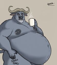  2023 anthro belly belly_overhang big_belly bovid bovine cape_buffalo chief_bogo coffee_mug disney fur half-closed_eyes half-length_portrait hand_on_hip hi_res holding_coffee_mug holding_object horn husky2paws looking_at_viewer male mammal narrowed_eyes navel nipples nude obese obese_anthro obese_male overweight overweight_anthro overweight_male portrait signature solo steam teeth zootopia 