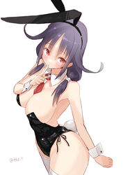  ahoge animal_ears black_leotard blush bow bowtie breasts cleavage commentary_request covered_navel cowboy_shot detached_collar fake_animal_ears female finger_to_mouth hair_flaps highres kantai_collection large_breasts leotard long_hair looking_at_viewer low_twintails necktie playboy_bunny purple_hair rabbit_ears red_eyes red_necktie smile solo strapless taigei_(kancolle) tetsukuzu_(yajirushi_shita) thighhighs twintails white_thighhighs 