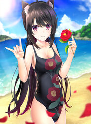  :3 \n/ ahoge alternate_costume animal_ear_fluff animal_ears beach black_hair black_one-piece_swimsuit blue_sky blurry blush breasts camellia camellia_print cleavage closed_mouth colored_eyelashes commentary_request cowboy_shot day depth_of_field eyelashes falling_petals female floral_print flower hair_between_eyes hands_up highres holding holding_flower hoshikawa_kaguya large_breasts long_hair looking_at_viewer ocean one-piece_swimsuit outdoors petals red_eyes red_flower sidelocks sky smile solo standing swimsuit tenshi_souzou_re-boot! very_long_hair xiexianglg 