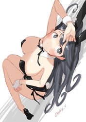  ahoge animal_ears black_hair black_leotard blush bow bowtie breasts brown_eyes commentary_request covered_navel detached_collar fake_animal_ears female high_heels highres kantai_collection large_breasts leotard long_hair looking_at_viewer lying playboy_bunny rabbit_ears smile solo strapless strapless_leotard tetsukuzu_(yajirushi_shita) traditional_bowtie twitter_username ushio_(kancolle) white_background wrist_cuffs 