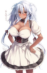  absurdres alternate_costume black_bow black_bowtie black_corset blush bow bowtie breasts brown_eyes cleavage corset dark-skinned_female dark_skin dated detached_collar dirndl dress female german_clothes glasses grey_hair hair_between_eyes hands_on_own_hips highres kantai_collection large_breasts long_hair looking_at_viewer mashiro_yukiya medium_dress musashi_(kancolle) musashi_kai_ni_(kancolle) puffy_short_sleeves puffy_sleeves short_sleeves signature solo twintails two_side_up underbust white_background white_dress 