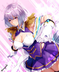  aona_(anagasaki) armpits breasts cleavage cowboy_shot dutch_angle epaulettes female frilled_skirt frills gloves gridman_universe gridman_universe_(film) highres instance_domination looking_at_viewer official_alternate_costume purple_hair purple_skirt red_eyes shinjou_akane shinjou_akane_(new_order) short_hair skirt smile solo twitter_username white_gloves 