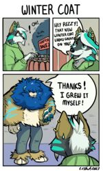  3_panel_comic anthro blue_hair bottomwear brown_body brown_fur canid canine canis cheek_tuft clothing duo ear_piercing ear_ring english_text facial_tuft fangs female fur green_body green_fur green_highlights green_pawpads grey_body grey_fur hair hi_res highlights_(coloring) humor lilshark lips male mammal open_mouth open_smile pants pawpads paws piercing ring_piercing sabertooth smile teeth text thick_bottom_lip tuft white_body white_fur white_hair wide_eyed winter_coat wolf zephyri_q_wolf 