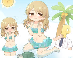  1boy @_@ bad_id bad_pixiv_id barefoot bead_bracelet beads bikini blue_bikini blush bracelet brown_eyes brown_hair ear_piercing female floral_print flying_sweatdrops frilled_bikini frills hands_on_own_cheeks hands_on_own_face highres idolmaster idolmaster_cinderella_girls jewelry koeda_(koeda1kg) long_hair morikubo_nono multiple_views necktie open_mouth p-head_producer parted_lips piercing producer_(idolmaster) shirt signature sitting sun swimsuit towel towel_around_neck turtle 