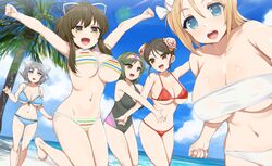  5girls absurdres arms_up asuka_(senran_kagura) baozi baozi_hair_ornament beach bikini black_one-piece_swimsuit blonde_hair blue_bikini blue_eyes blue_sky blush breasts brown_eyes brown_hair bun_(food) cleavage cloud cloudy_sky day double_bun food green_hair grey_hair hair_bun hairband hanabi_(senran_kagura) highres jumping kusaka_souji large_breasts linea_alba long_hair looking_at_another looking_at_viewer mai_(senran_kagura) medium_hair meimei_(senran_kagura) multiple_girls navel ocean one-piece_swimsuit open_mouth outdoors ponytail red_bikini running sand senran_kagura senran_kagura_estival_versus senran_kagura_new_wave senran_kagura_shinovi_versus short_hair sidelocks sky smile strapless striped_bikini striped_clothes swimsuit tree tube_top white_bikini yellow_eyes yumi_(senran_kagura) 