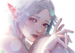  absurdres chihirokrakauer close-up elf female highres lens_flare lips looking_at_viewer mushoku_tensei parted_bangs pointy_ears portrait red_eyes signature solo sylphiette_(mushoku_tensei) white_hair 