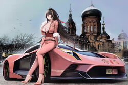  absurdres alternate_costume antenna_hair azur_lane bandeau belt black_belt black_hair blonde_hair breasts car china cleavage closed_mouth collarbone commentary commission crop_top cropped_jacket crossed_bangs feather_boa female full_body hair_between_eyes harbin_(azur_lane) harbin_(city) high_heels highres hongqi_s9 jacket kcar66t large_breasts long_hair long_sleeves looking_at_viewer midriff mole mole_under_eye motor_vehicle multicolored_hair name_connection navel open_clothes open_jacket outdoors pants pink_footwear pink_jacket pink_pants pixiv_commission ponytail product_placement race_queen real_world_location red_vest saint_sophia_cathedral_(harbin) sidelocks sitting sitting_on_car smile solo streaked_hair very_long_hair vest white_bandeau yellow_eyes 